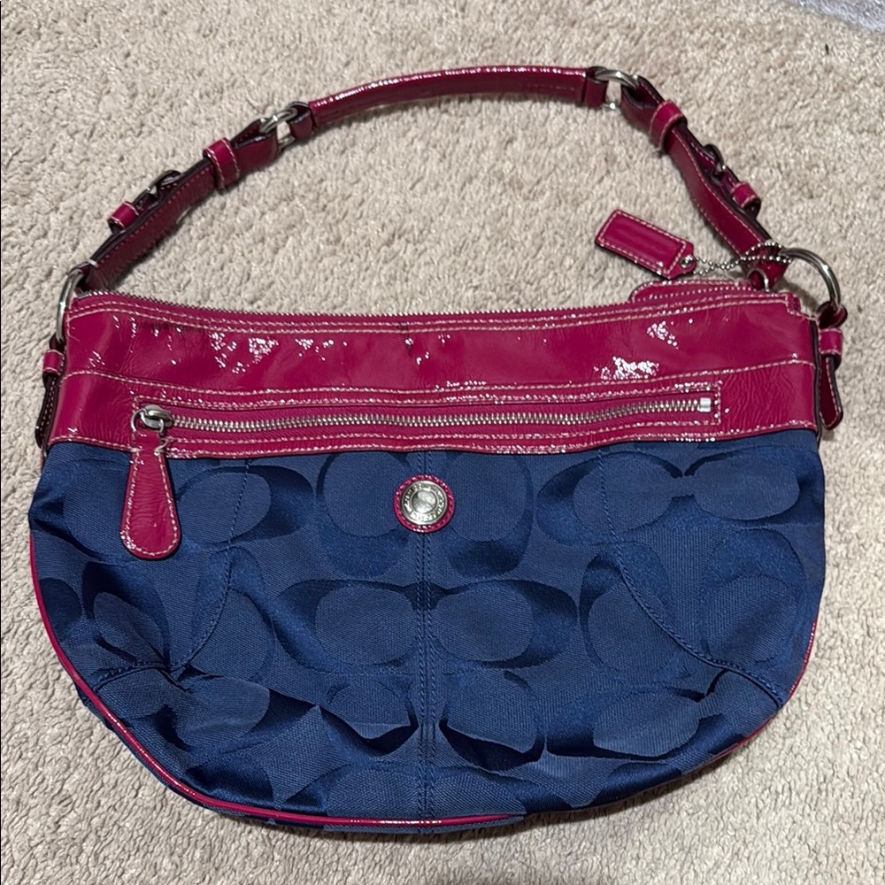 Coach Navy Signature Canvas Shoulder Bag with Magenta Patent Trim